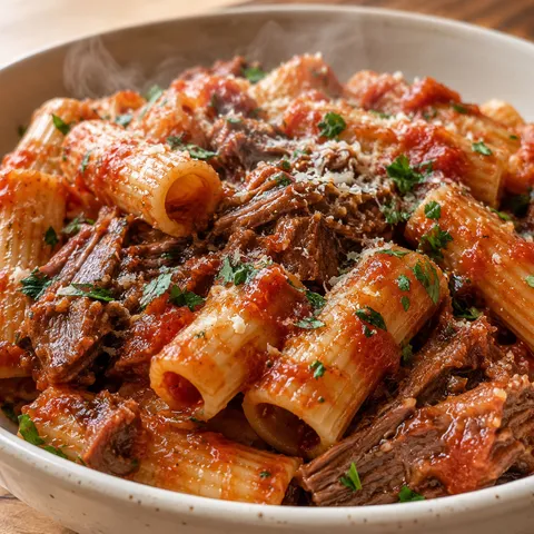Bowl of Italian pot roast Sunday sauce with rigatoni and parsley