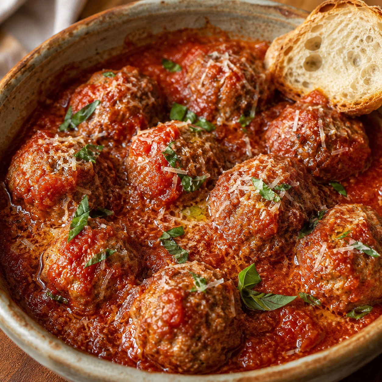 Spicy Italian meatballs in tomato sauce with parmesan and basil
