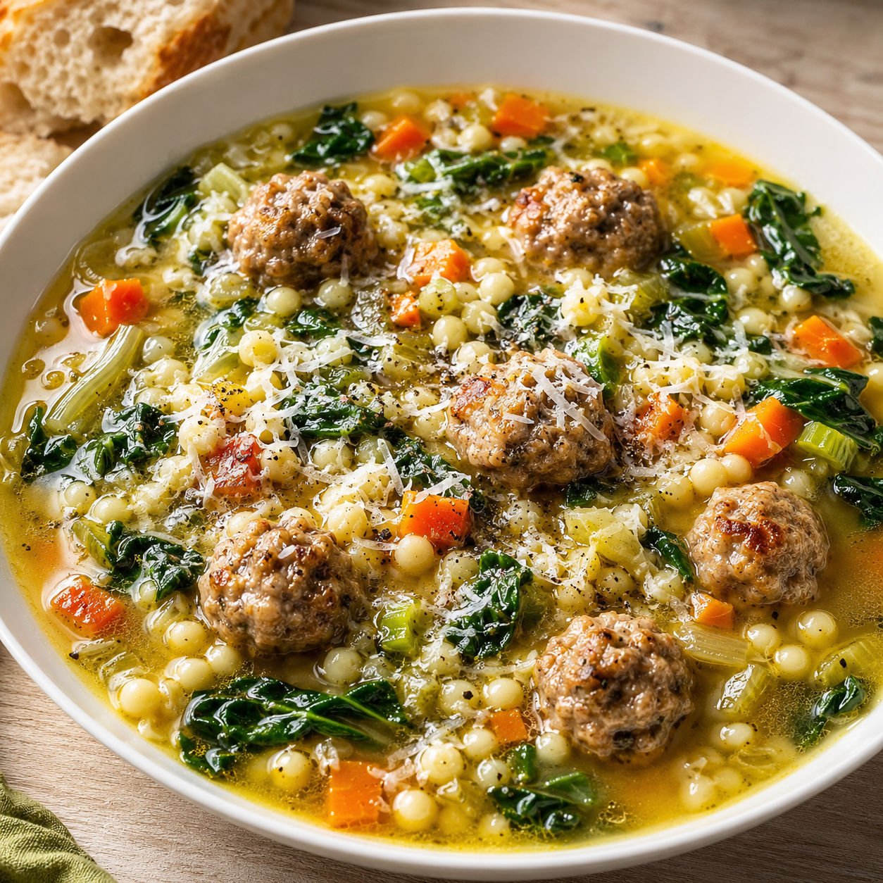 Italian wedding soup with mini meatballs, pasta, greens, and Parmesan