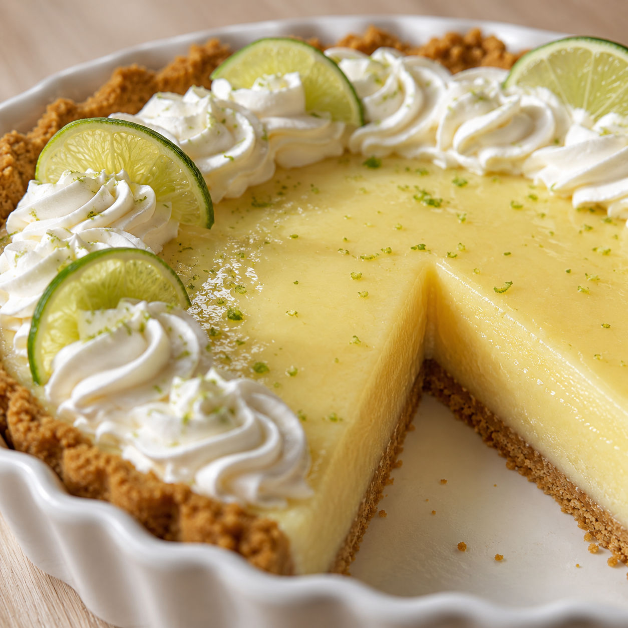 Classic Key Lime Pie with whipped cream and lime slices in a graham crust