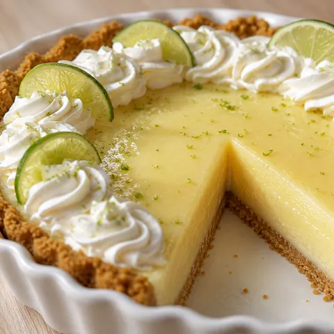 Classic Key Lime Pie with whipped cream and lime slices in a graham crust