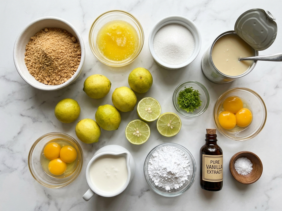 Key lime pie ingredients with limes, graham crumbs, condensed milk and cream