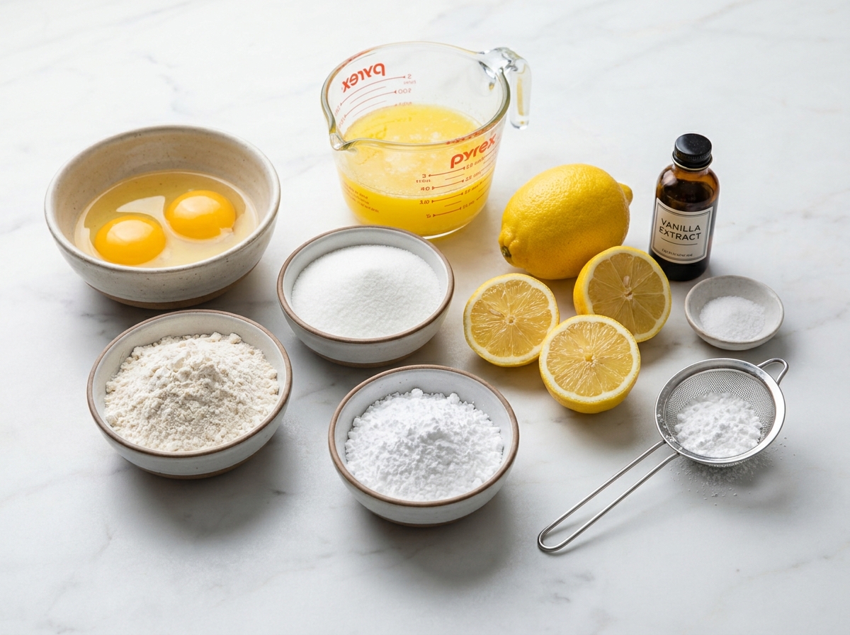 Lemons, eggs, butter, flour, and sugar for classic lemon bars