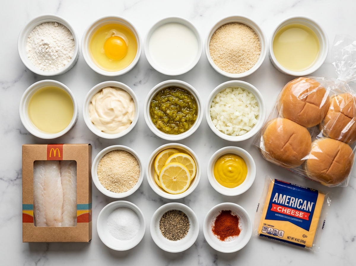 Ingredients for a homemade Filet-O-Fish style sandwich on a wooden counter