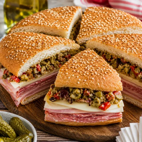 Classic muffaletta sandwich wedges with olive salad and sesame bread