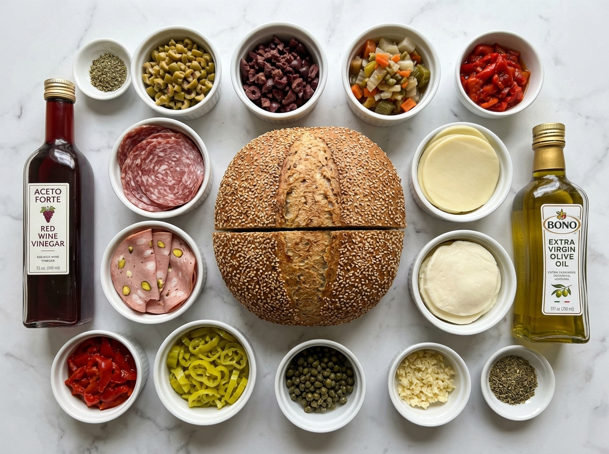 Ingredients for a muffaletta sandwich with olives, deli meats, cheese, and bread
