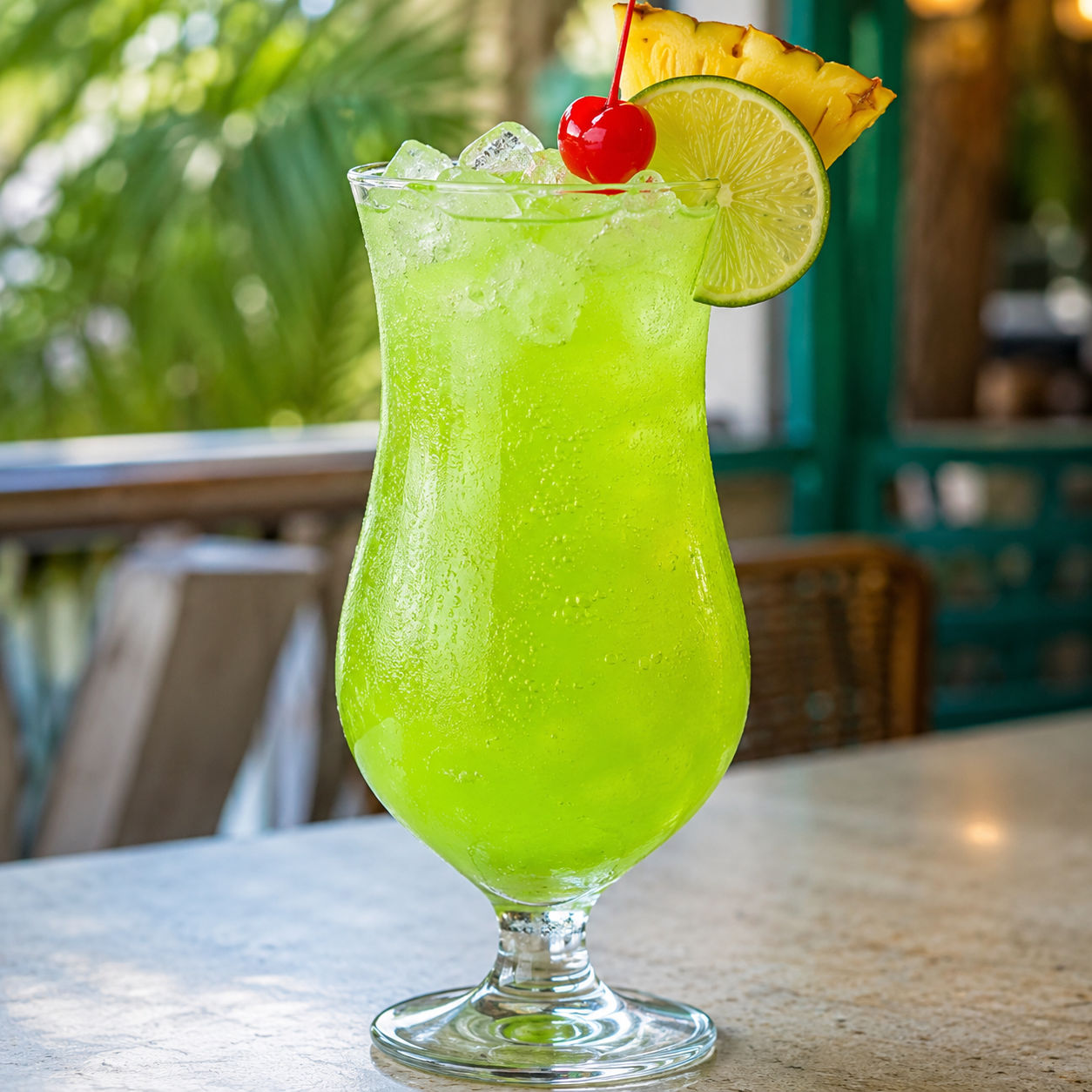 Green New Orleans Hand Grenade drink with lime, pineapple, and cherry