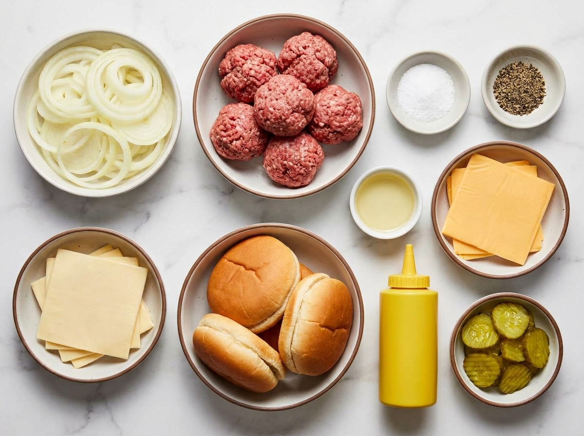 Ingredients for Oklahoma fried onion burgers with beef, onions, buns, and cheese