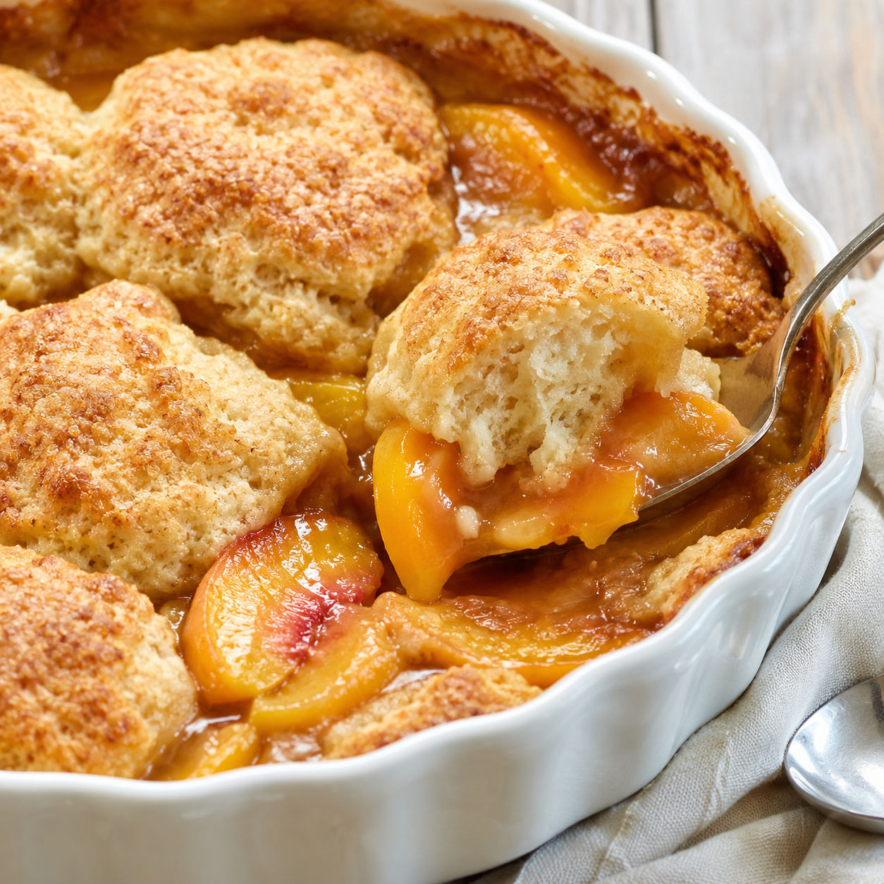 Classic peach cobbler with golden topping and glossy peaches