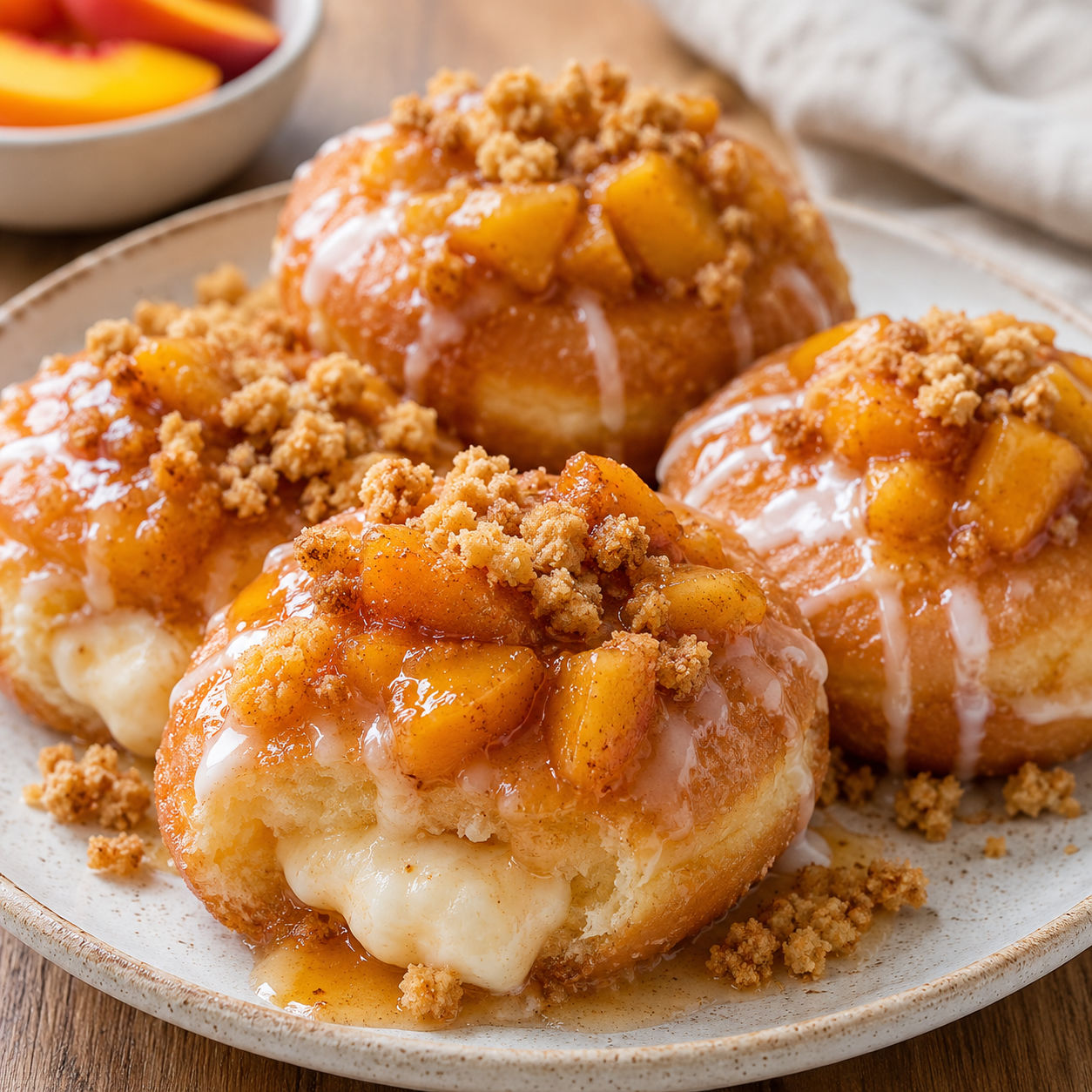 Peach cobbler cheesecake donuts with glaze and buttery crumbs