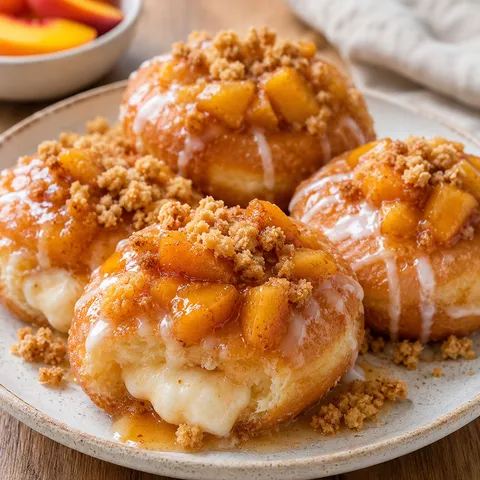 Peach cobbler cheesecake donuts with glaze and buttery crumbs