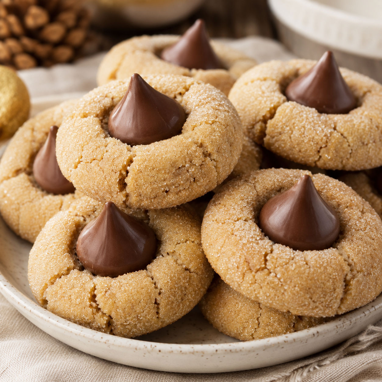 Peanut butter blossoms with chocolate kisses on a pale platter