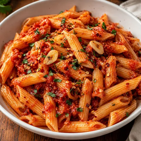 Penne all'Arrabbiata with spicy tomato sauce and parsley in a white bowl