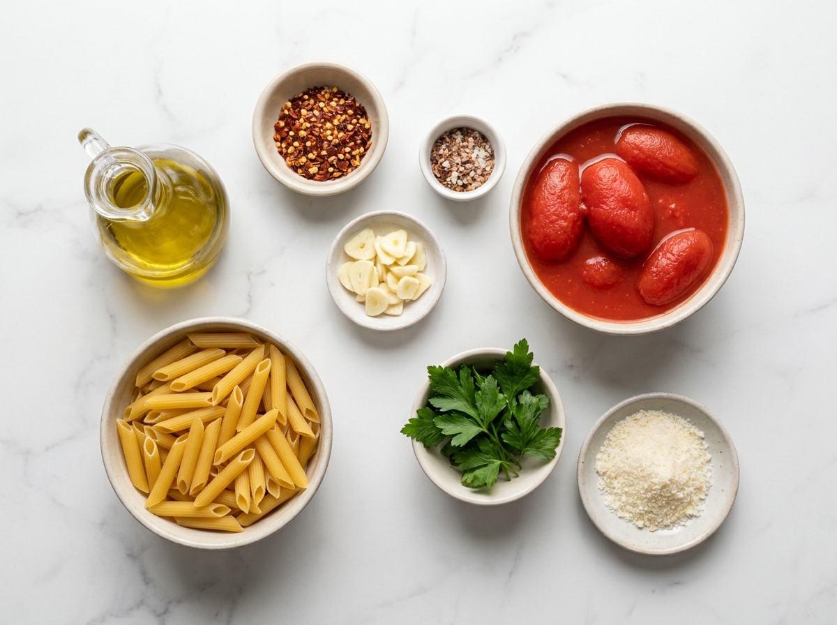 Ingredients for penne all'Arrabbiata with tomatoes, garlic, chili, and parsley