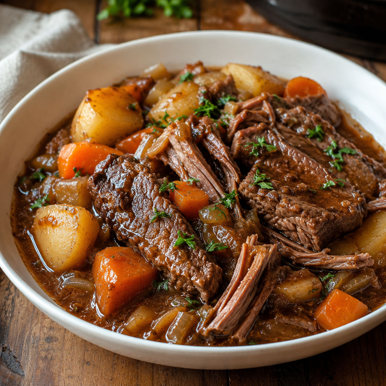 Slow cooker pot roast with carrots, potatoes, onions, and gravy