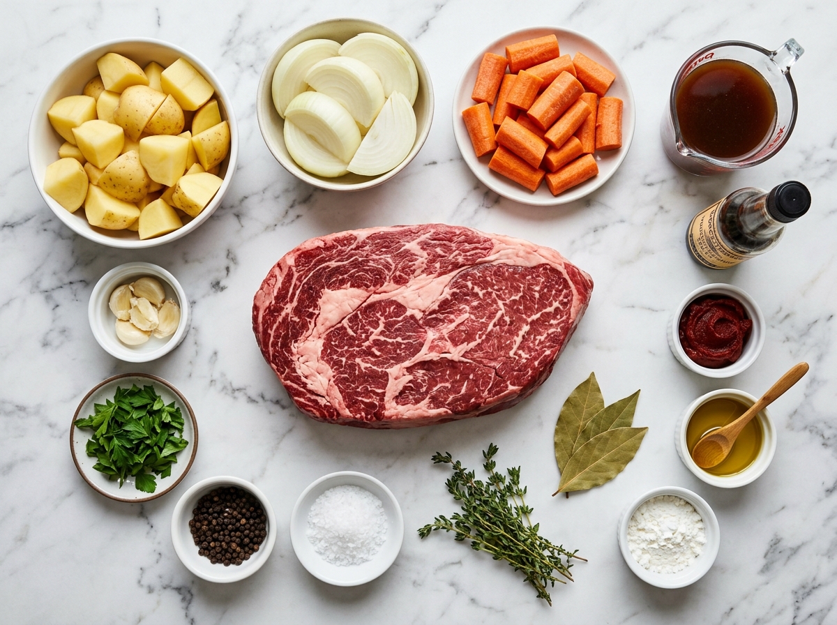 Raw chuck roast, potatoes, carrots, onions, broth, herbs, and gravy ingredients