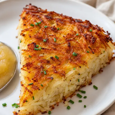 Golden potato kugel wedge with crispy crust and chives