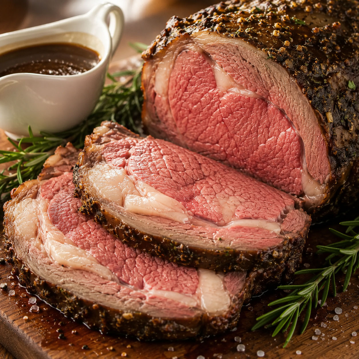 Sliced prime rib roast with pan gravy and rosemary on a carving board