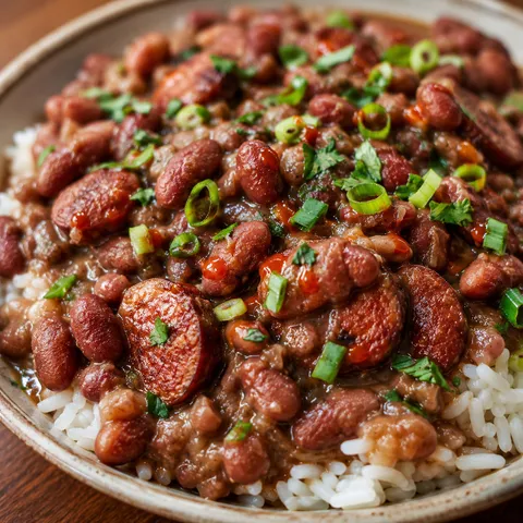 Red beans with rice, sausage coins, scallions, and parsley in a bowl