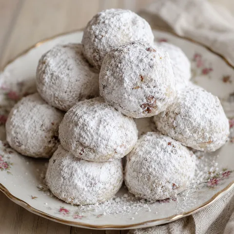Russian tea cakes coated in powdered sugar stacked on a white porcelain plate