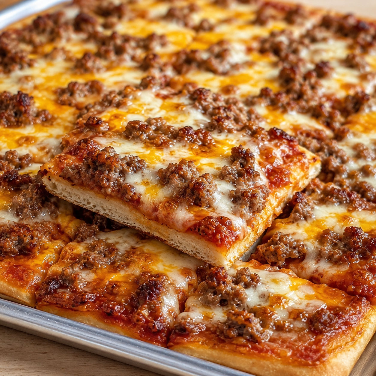 School pizza squares with sausage, beef, and melted cheese