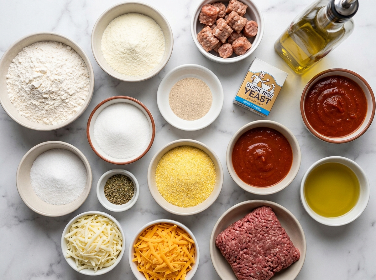 Ingredients for school pizza with sausage, beef, sauce, and cheese