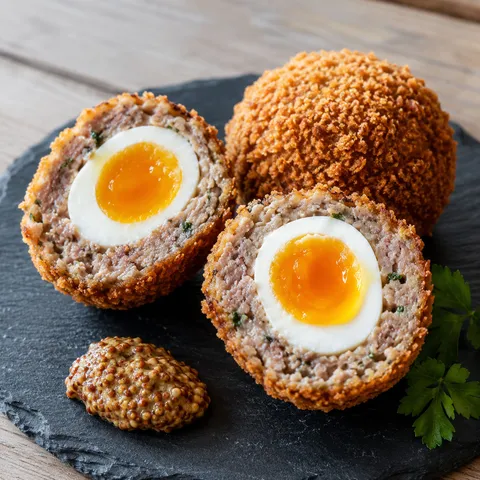 Sliced Scotch eggs with jammy yolks, sausage, panko crust, and mustard