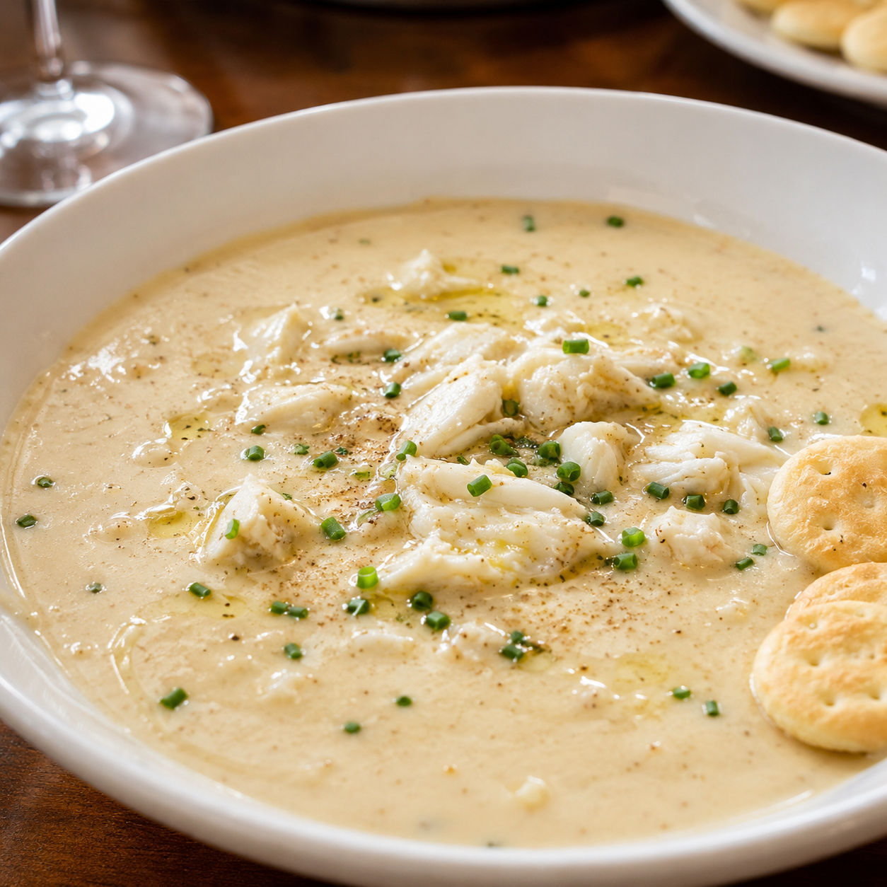 She-crab creamy soup with lump crab, chives, and oyster crackers