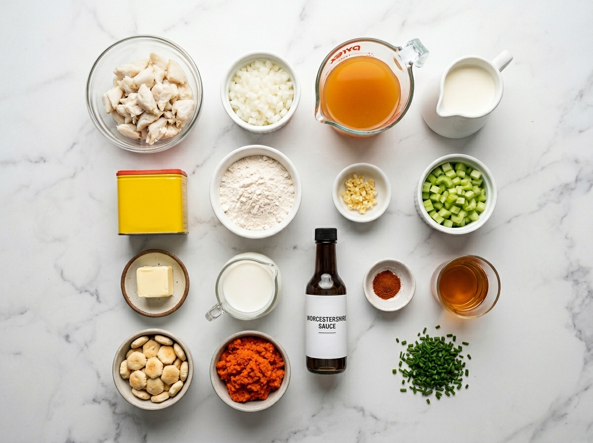 Ingredients for she-crab creamy soup with crab, cream, stock, and sherry