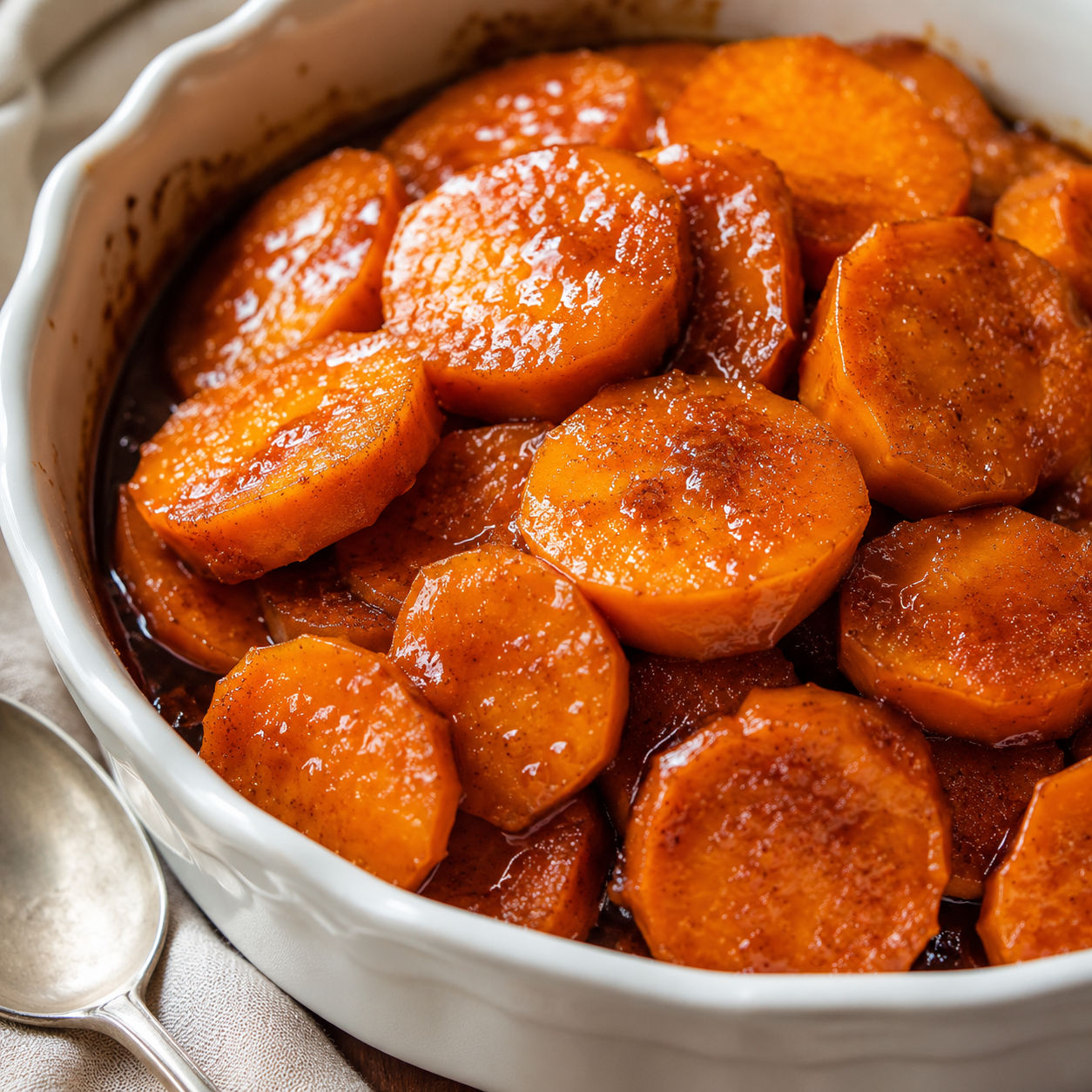 Southern candied yams in a white baking dish with glossy brown sugar syrup