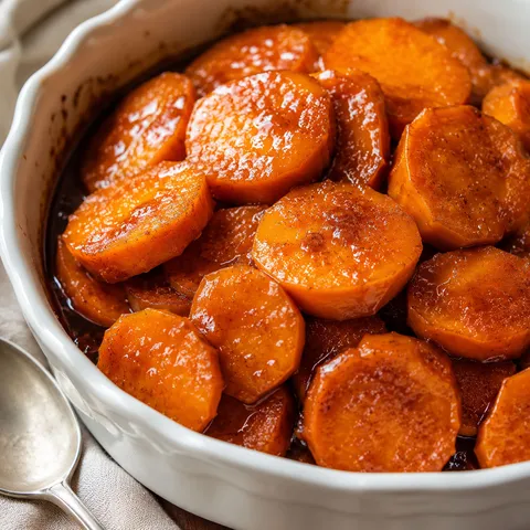 Southern candied yams in a white baking dish with glossy brown sugar syrup