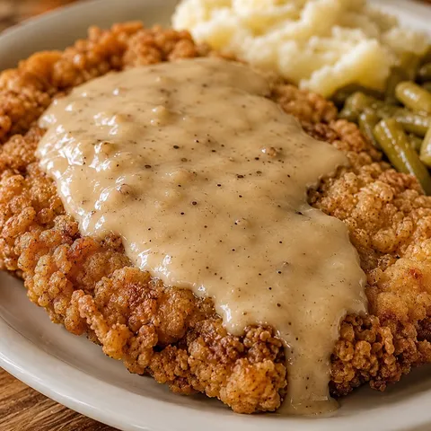 Chicken fried steak with pepper gravy, mashed potatoes, and green beans