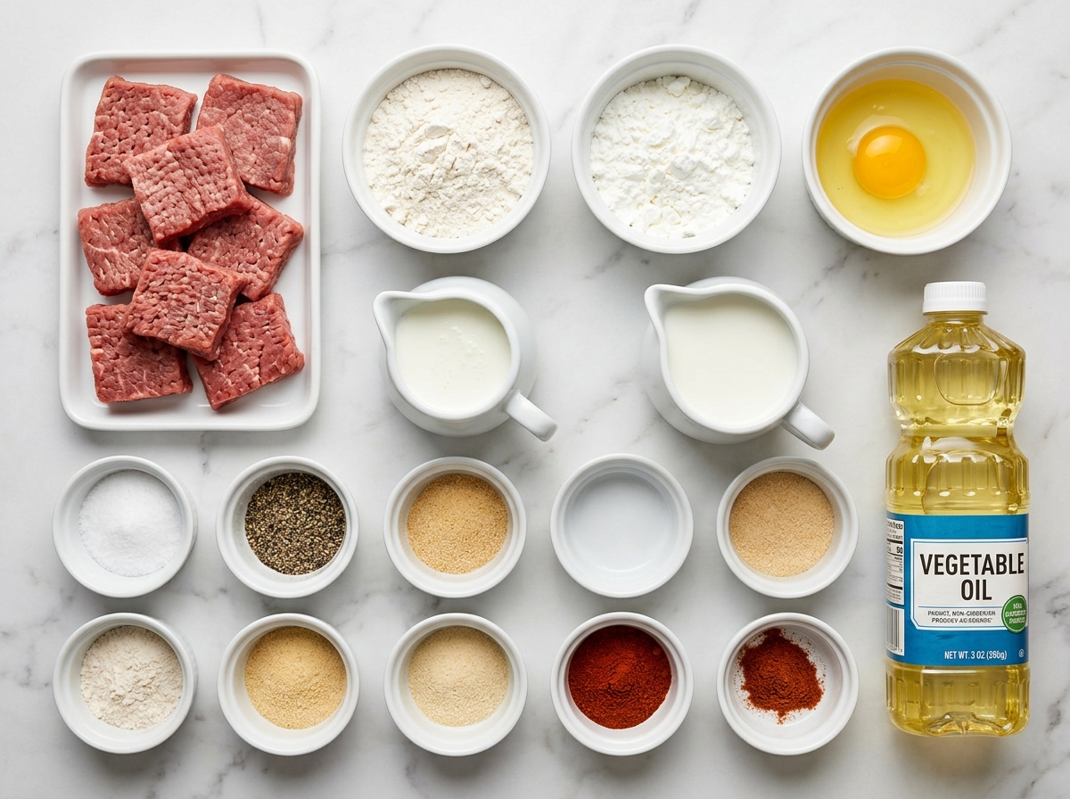 Cube steak, buttermilk, flour, spices, oil, and milk for chicken fried steak