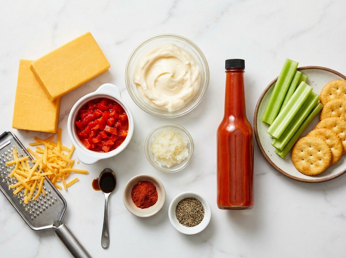 Ingredients for Southern pimento cheese with cheddar, pimentos, and mayo