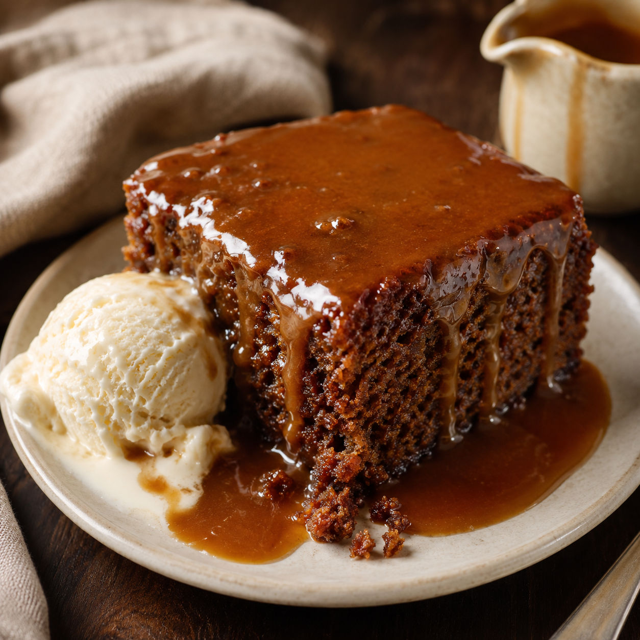Sticky toffee pudding with glossy toffee sauce and vanilla ice cream