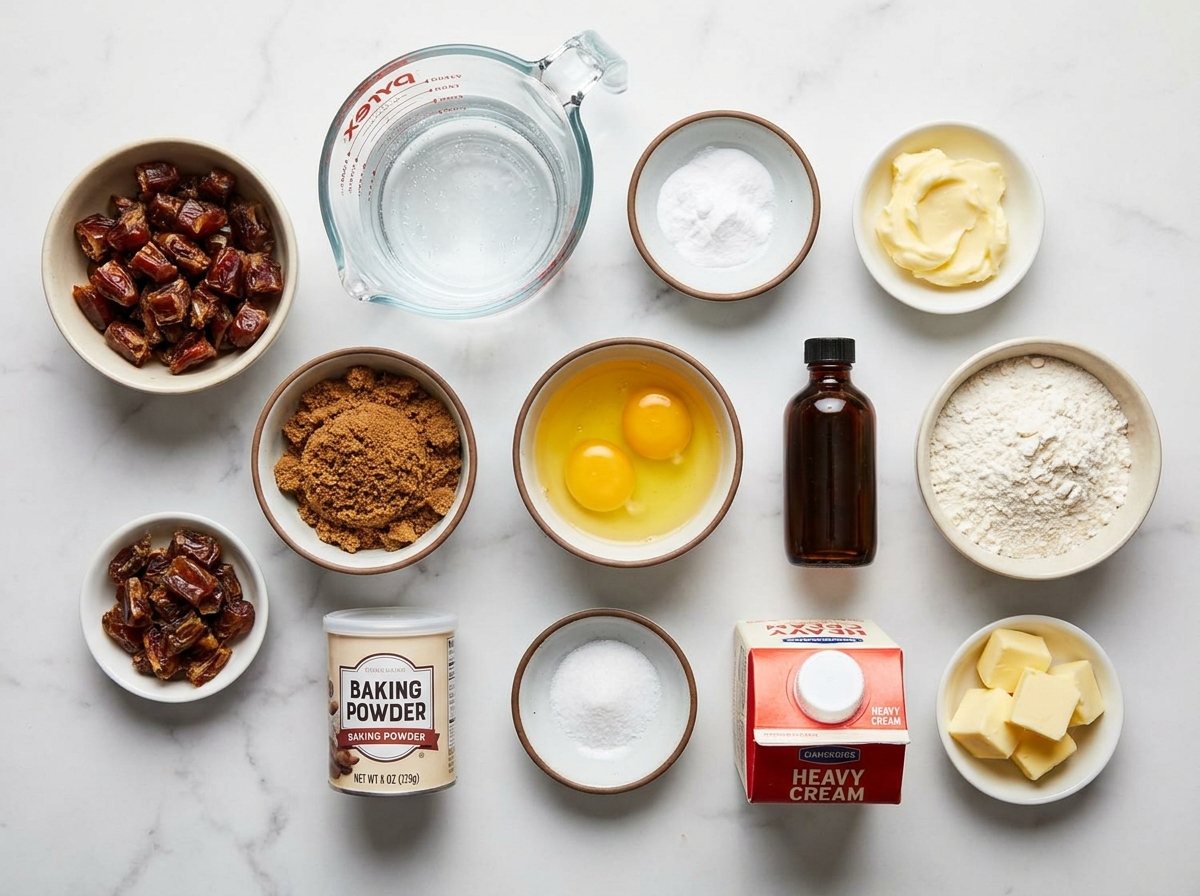 Ingredients for sticky toffee pudding with dates, brown sugar, butter, and cream