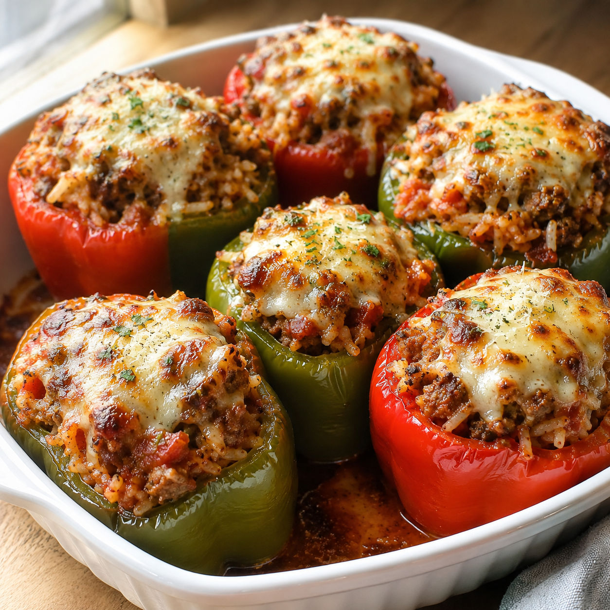 Baked stuffed bell peppers with Italian sausage, rice, and melted cheese in a white dish
