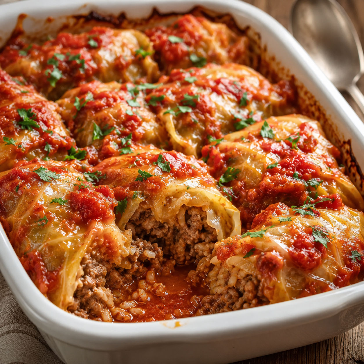 Stuffed cabbage roll casserole with beef, rice, tomato sauce, and parsley