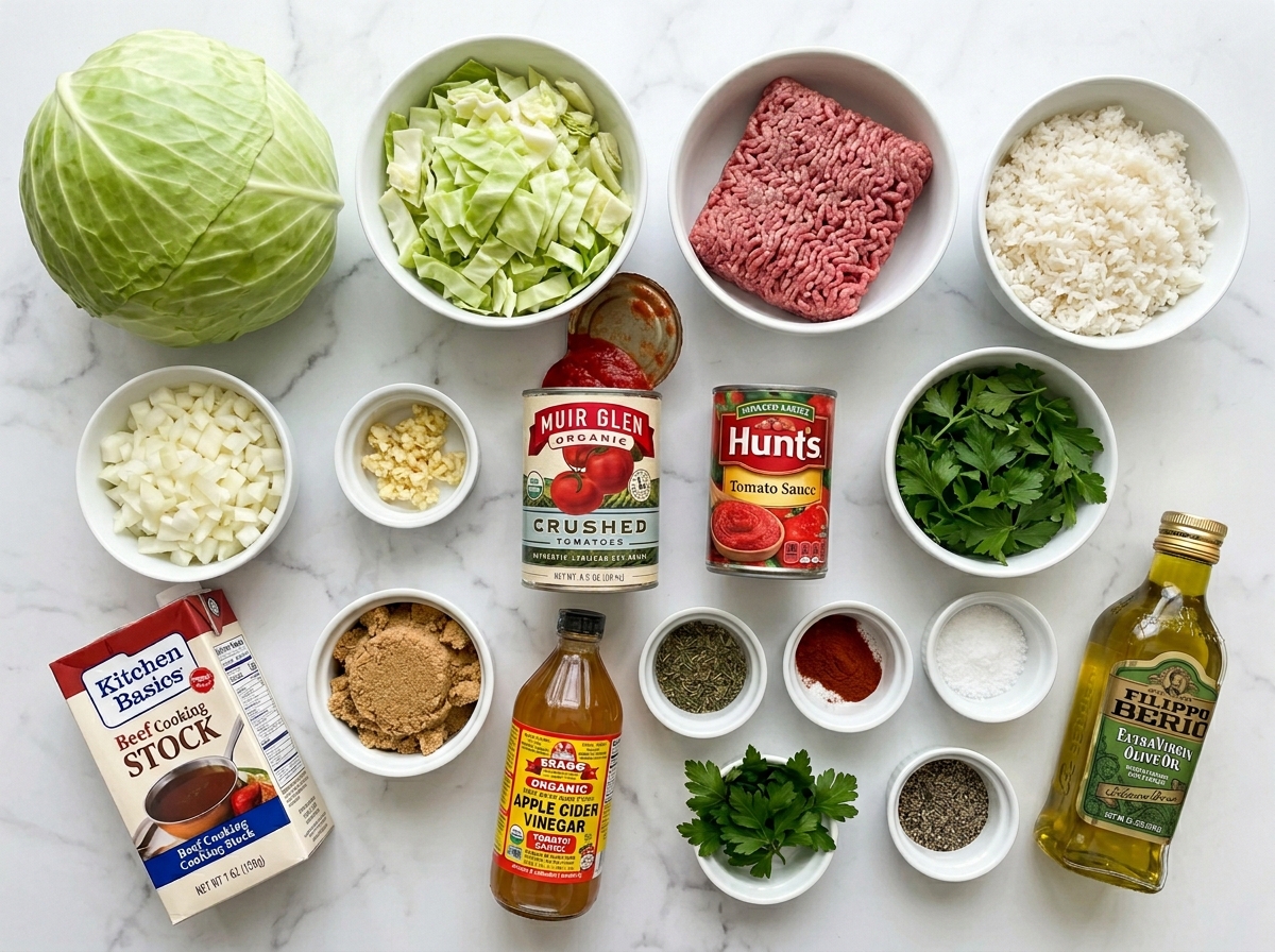 Ingredients for stuffed cabbage roll casserole with cabbage, beef, rice, and tomatoes