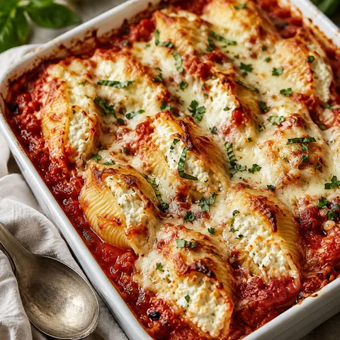Classic stuffed shells with marinara, melted mozzarella, and parsley