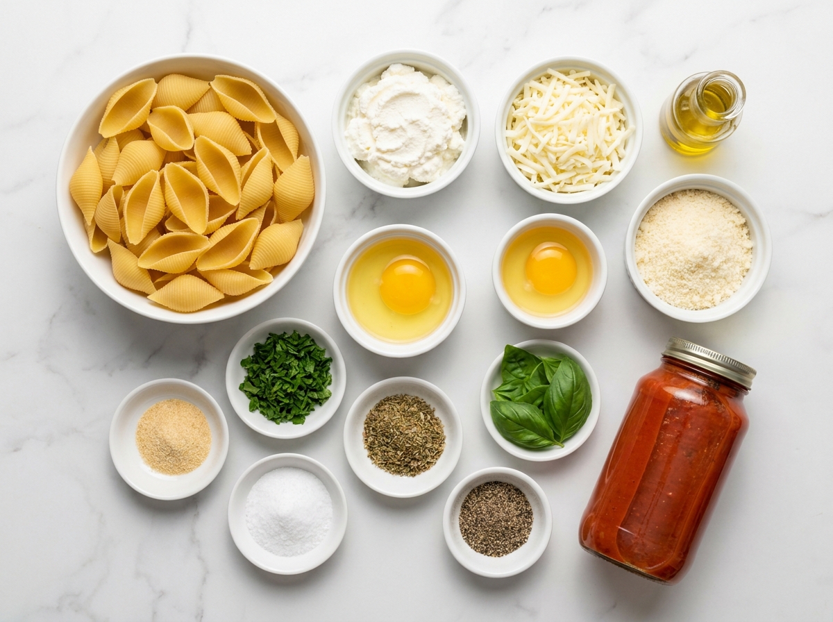 Ingredients for classic stuffed shells with ricotta, pasta, marinara, and herbs