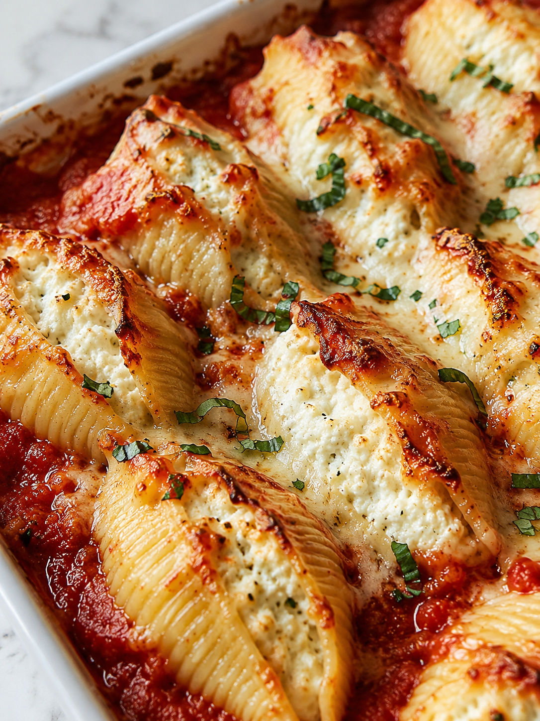 Classic Stuffed Shells, plated and served
