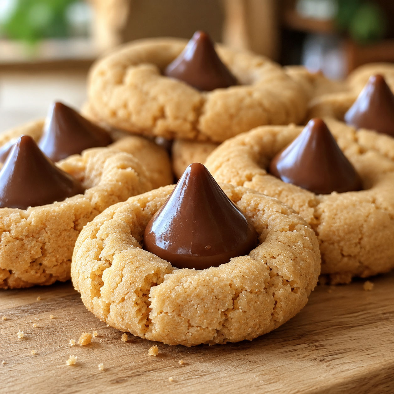 Soft peanut butter thumbprint cookies with milk chocolate Hershey's Kisses on a wooden board