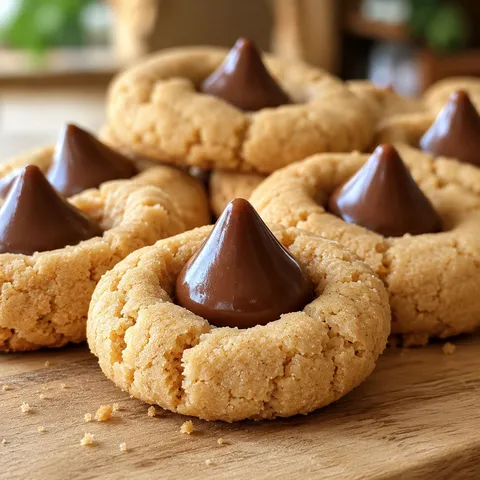 Soft peanut butter thumbprint cookies with milk chocolate Hershey's Kisses on a wooden board