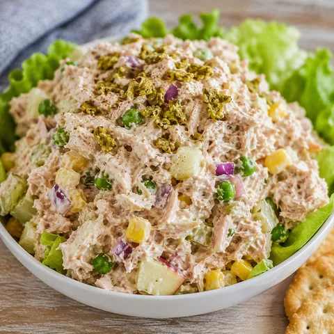 Creamy tuna salad with corn, peas, apple, pickles, and jalapeno chips