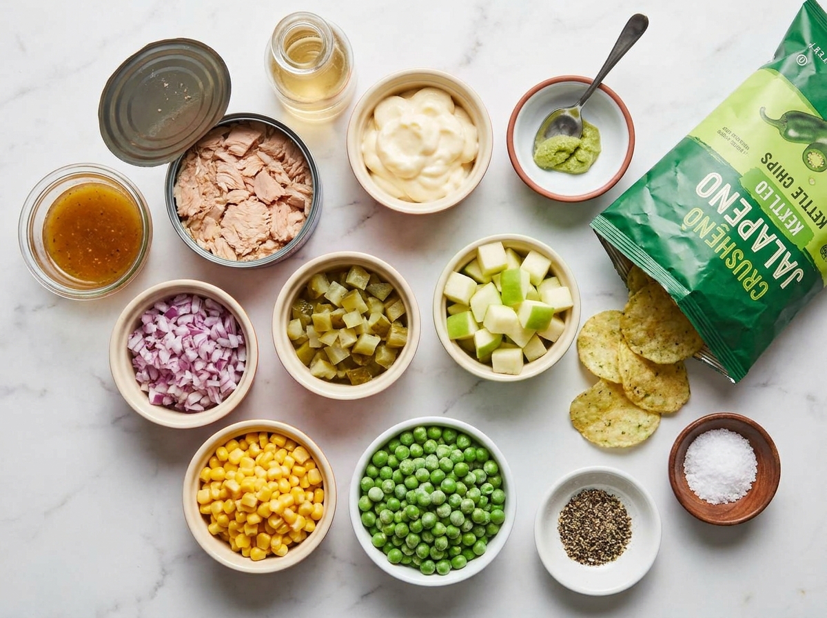 Tuna salad ingredients with wasabi, apple, corn, peas, pickles, and chips