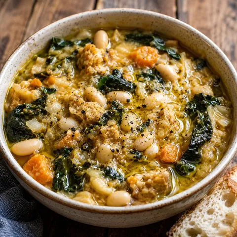 Classic Tuscan ribollita with beans, kale, cabbage, bread, and olive oil