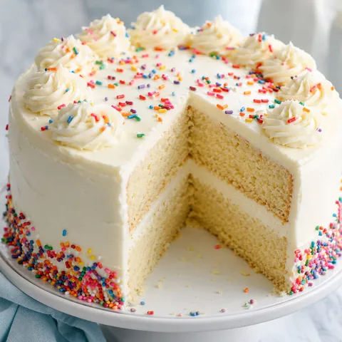 Vanilla birthday cake with white buttercream and rainbow sprinkles