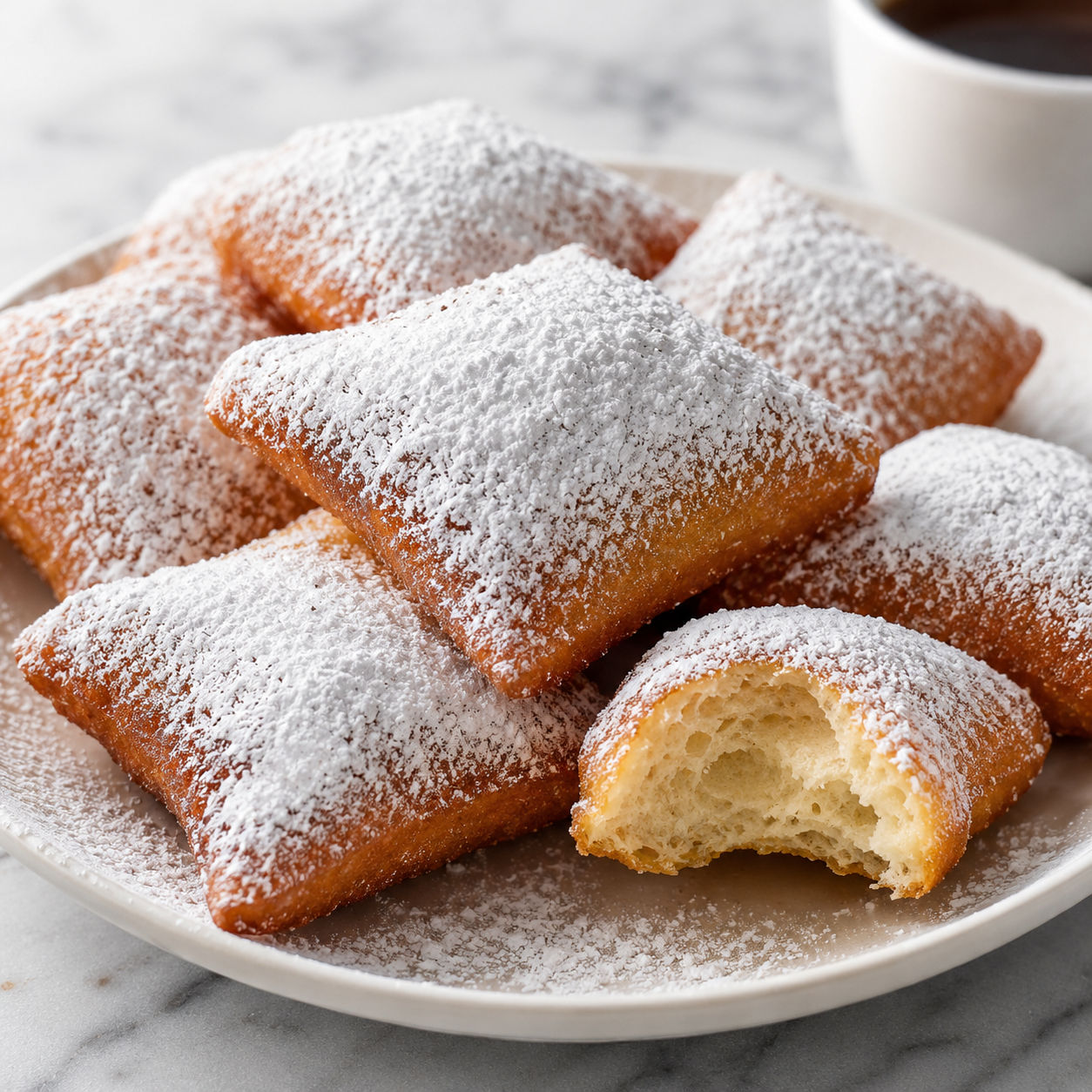 Powdered sugar vanilla beignets piled on a white plate