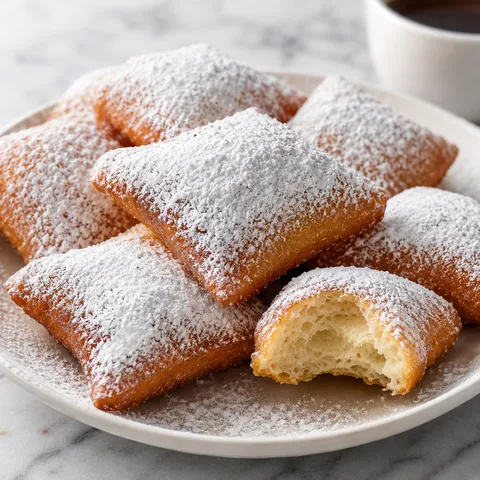 Powdered sugar vanilla beignets piled on a white plate